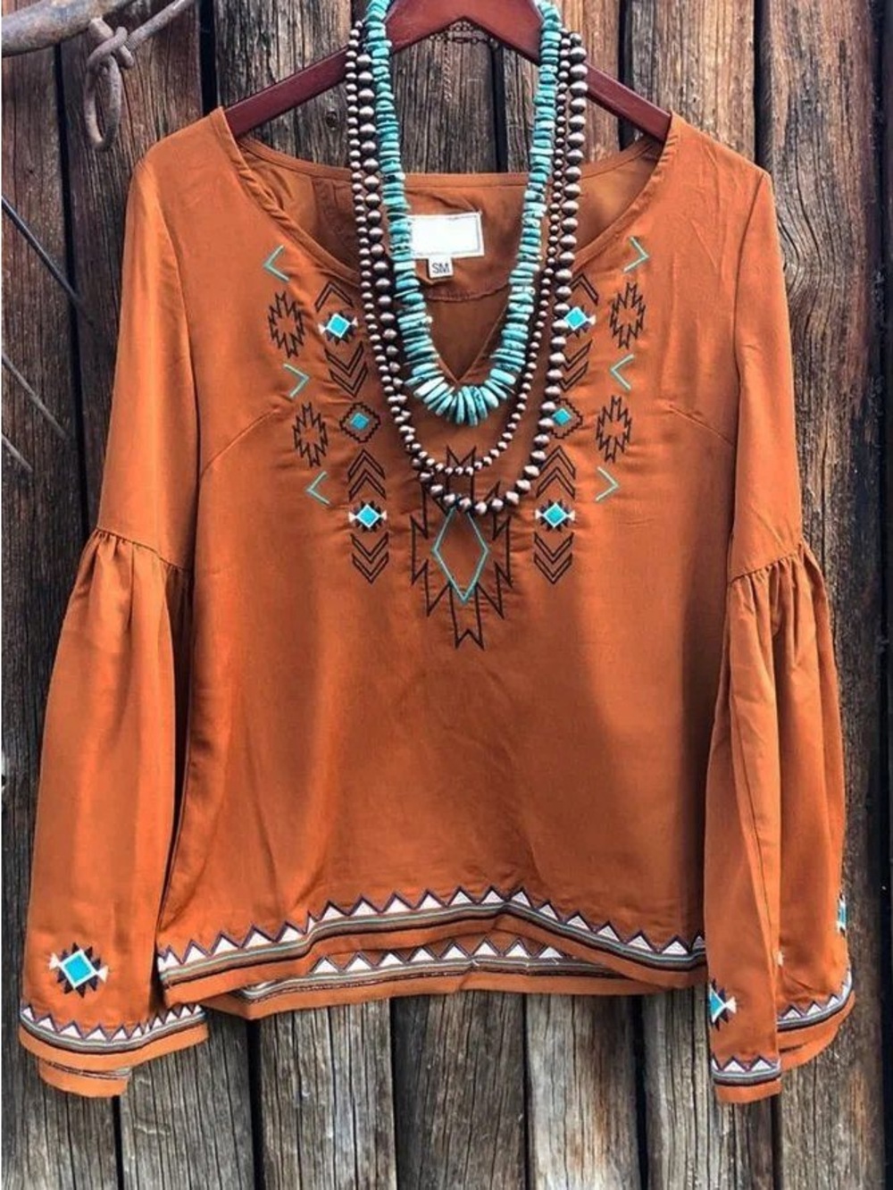 Outback Trading Co Tess Western Boho Embroidered Rust Bell-Sleeve Top - XL